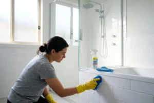 professional deep cleaning service cleaning bathroom during humid Maryland summer