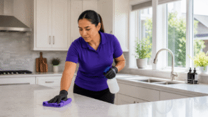 professional cleaner scrubbing kitchen during deep cleaning in Maryland
