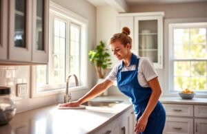 professional cleaner maintaining kitchen surfaces in Maryland home