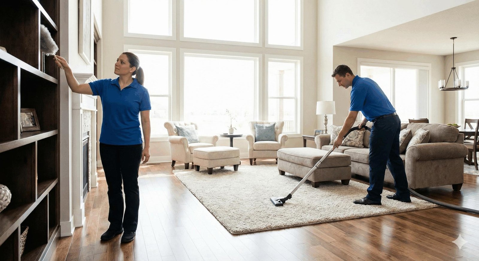 professional cleaner dusting and vacuuming during fall cleaning in a Maryland home