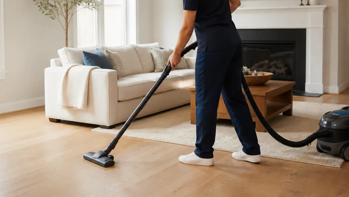 professional cleaner preparing a Maryland living room for holiday guests