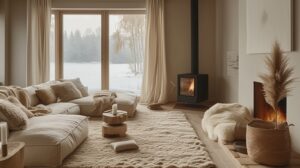 A bright, cozy Maryland living room in winter, featuring natural light, neutral tones, and a freshly cleaned, organized space.